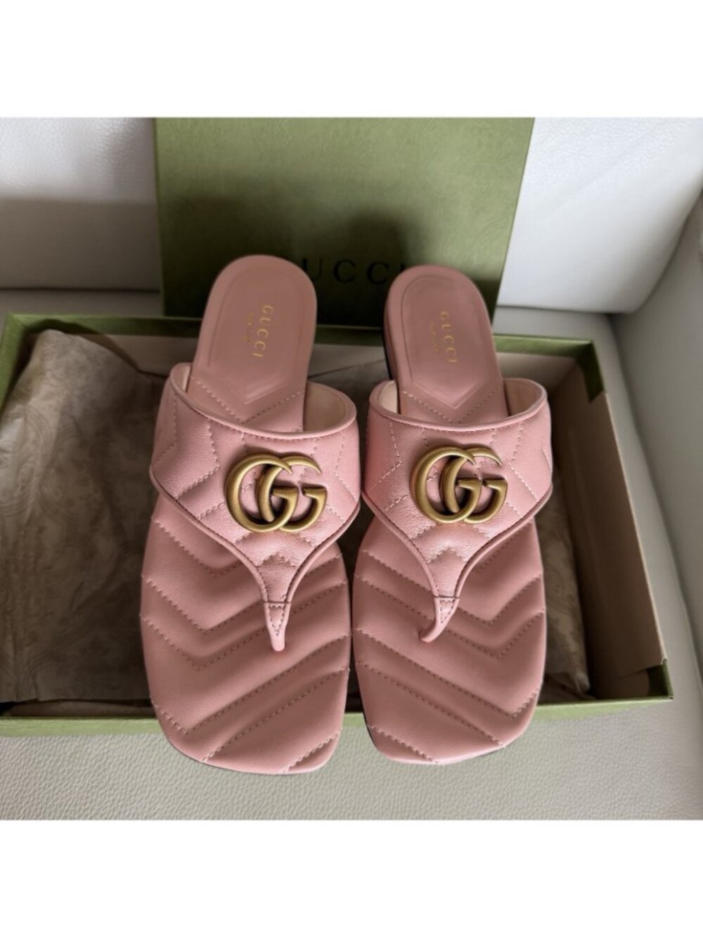 NEW Gucci Nappa Charlotte Double G Marmont Thong Sandals 36.5 Perfect Pink